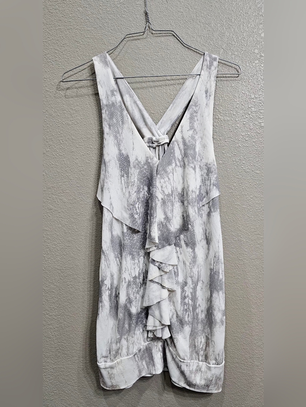 Gray and White Ruffled V-Neck Top